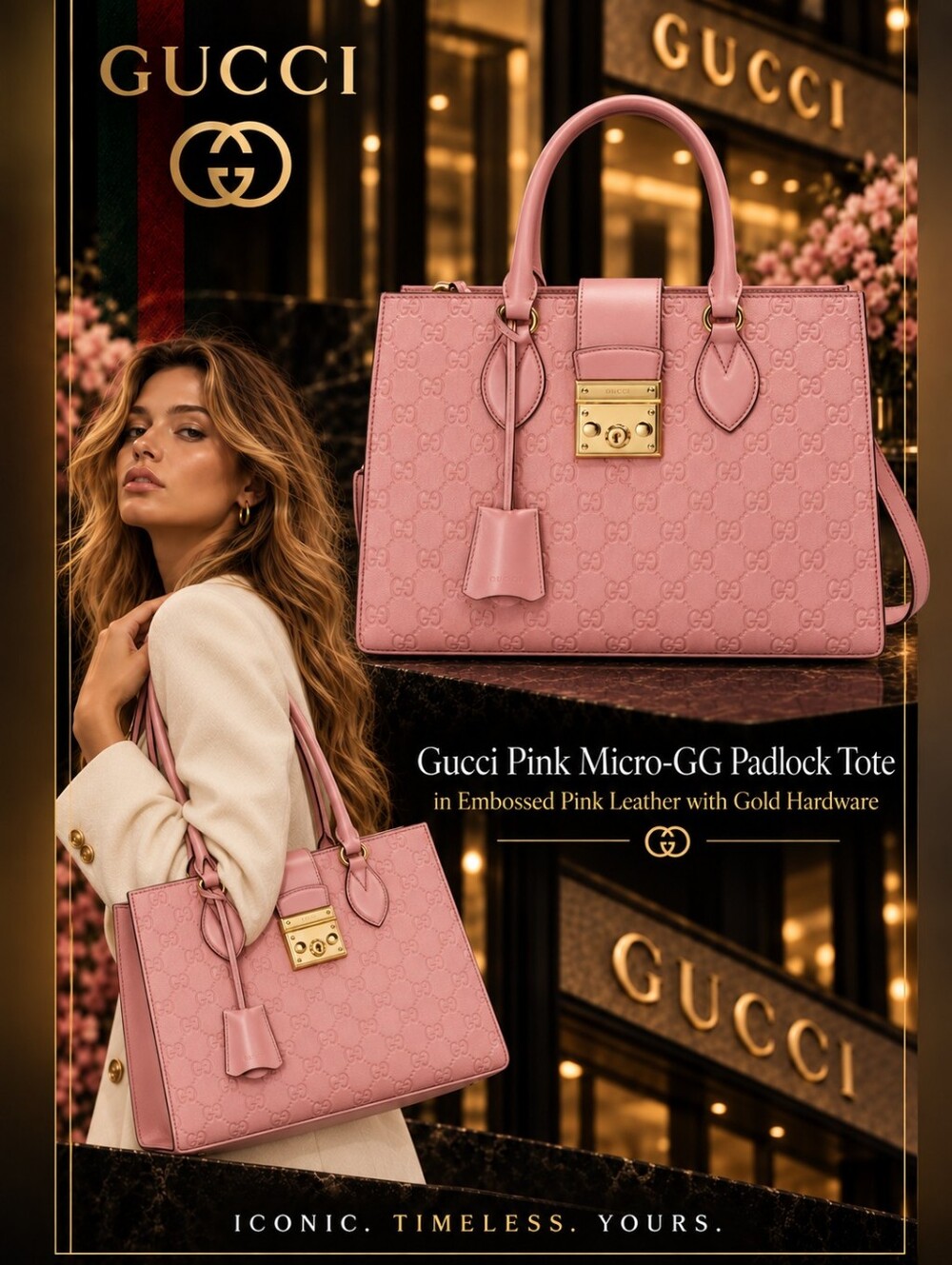 New🔥 !Gucci Microguccissima Pink Leather Padlock Tote Bag